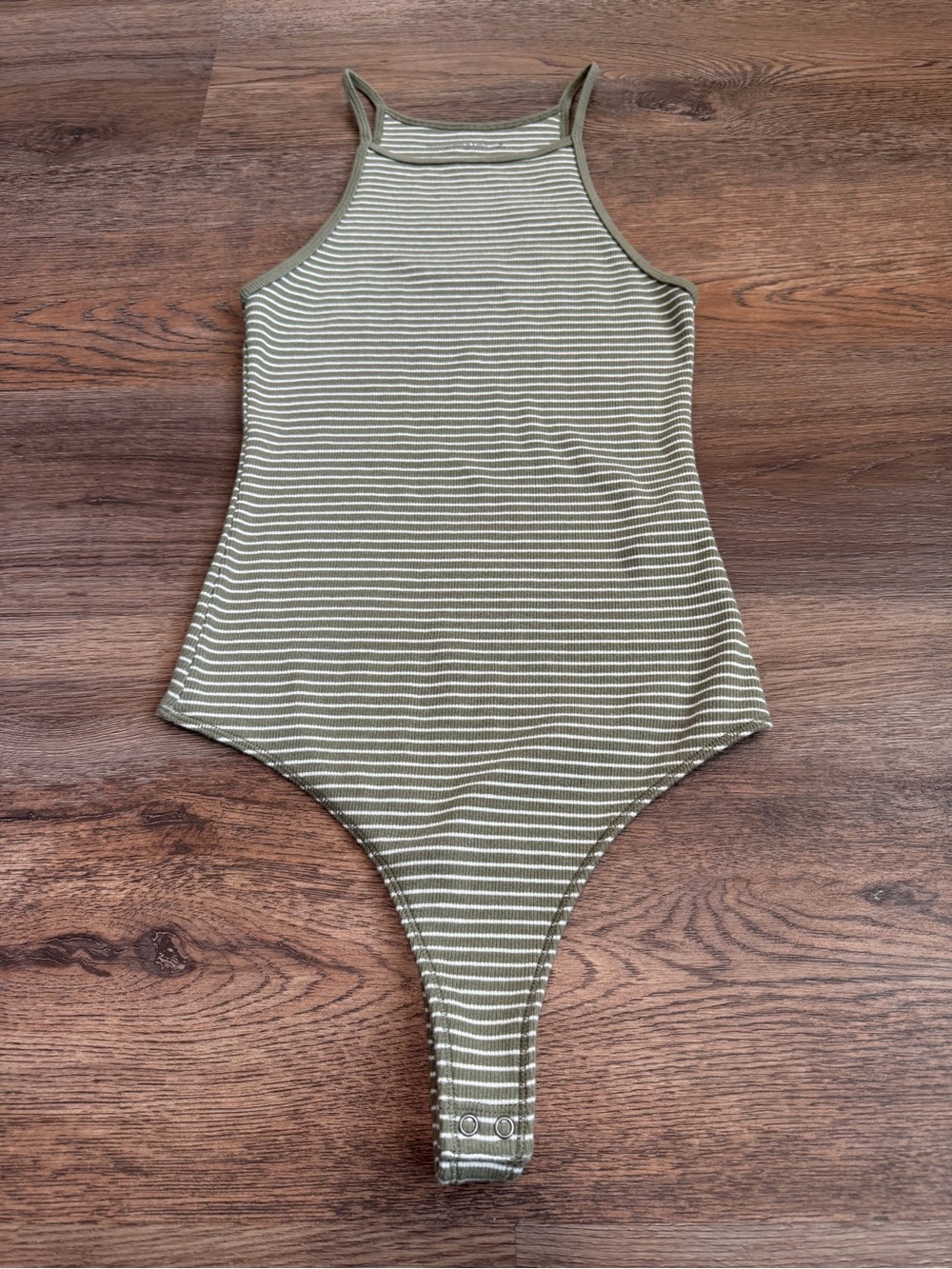 Abercrombie & Fitch Striped Ribbed Bodysuit Olive White Medium High Neck Thong